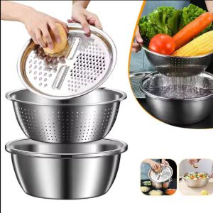 3 in 1 Stainless Steel Vegetable Cutter & Strainer Bowl Set